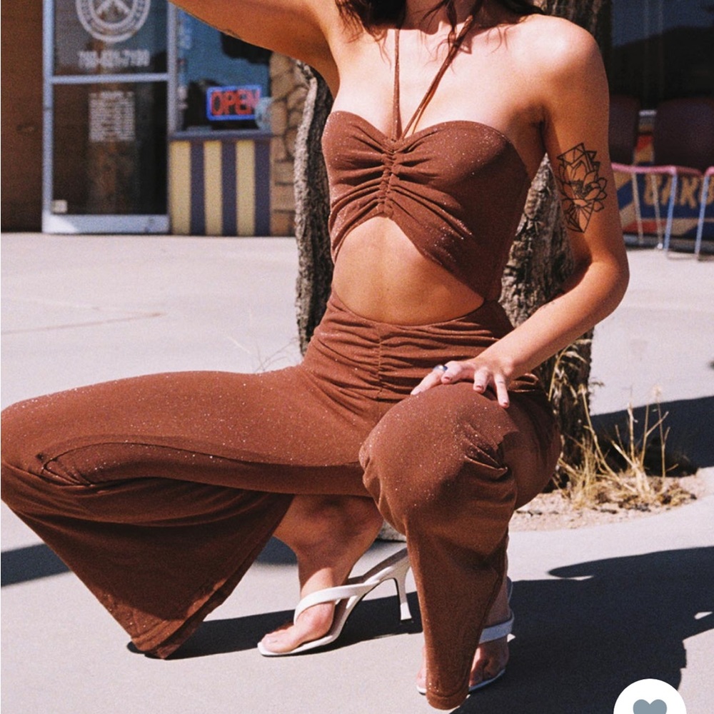 Princess Polly Charlie Ruched Halter Cutout Jumpsuit Sparkly Brown